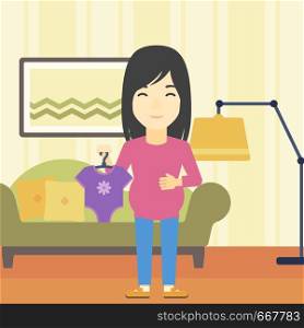 An asian pregnant woman holding clothes for her baby. Pregnant woman with bodysuit for baby. Pregnant woman with presents at baby shower. Vector flat design illustration. Square layout.. Pregnant woman with clothes for baby.