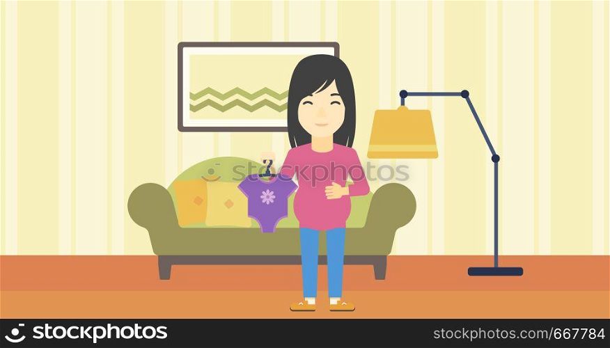 An asian pregnant woman holding clothes for her baby. Pregnant woman with bodysuit for baby. Pregnant woman with presents at baby shower. Vector flat design illustration. Horizontal layout.. Pregnant woman with clothes for baby.