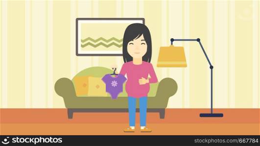 An asian pregnant woman holding clothes for her baby. Pregnant woman with bodysuit for baby. Pregnant woman with presents at baby shower. Vector flat design illustration. Horizontal layout.. Pregnant woman with clothes for baby.