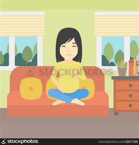 An asian pregnant woman holding her hands on belly. Young pregnant woman sitting on a sofa at home. Vector flat design illustration. Square layout.. Happy pregnant woman vector illustration.