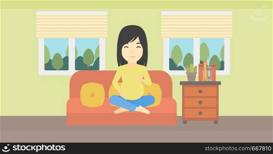 An asian pregnant woman holding her hands on belly. Young pregnant woman sitting on a sofa at home. Vector flat design illustration. Horizontal layout.. Happy pregnant woman.