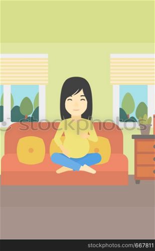 An asian pregnant woman holding her hands on belly. Young pregnant woman sitting on a sofa at home. Vector flat design illustration. Vertical layout.. Happy pregnant woman.