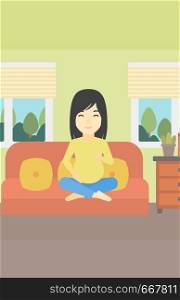 An asian pregnant woman holding her hands on belly. Young pregnant woman sitting on a sofa at home. Vector flat design illustration. Vertical layout.. Happy pregnant woman.