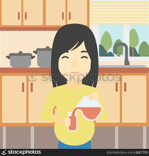 An asian pregnant woman pouring juice in glass. Pregnant woman drinking juice. Concept of healthy nutrition during pregnancy. Vector flat design illustration. Square layout.. Pregnant woman pouring juice vector illustration.