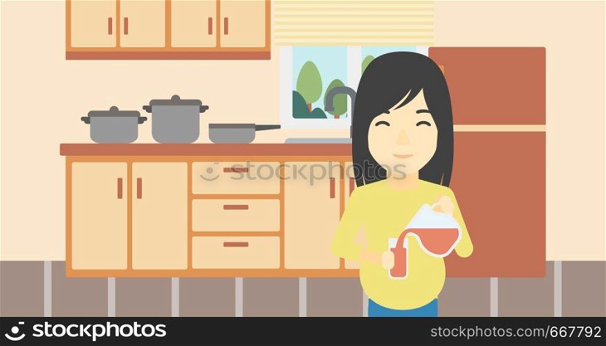 An asian pregnant woman pouring juice in glass. Pregnant woman drinking juice. Concept of healthy nutrition during pregnancy. Vector flat design illustration. Horizontal layout.. Pregnant woman pouring juice.