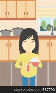 An asian pregnant woman pouring juice in glass. Pregnant woman drinking juice. Concept of healthy nutrition during pregnancy. Vector flat design illustration. Vertical layout.. Pregnant woman pouring juice.