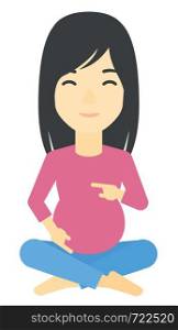 An asian pregnant woman sitting with crossed legs vector flat design illustration isolated on white background. . Pregnant woman sitting.
