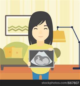 An asian pregnant woman standing with ultrasound image on the background of living room. Pregnant woman showing ultrasound photo. Vector flat design illustration. Square layout.. Pregnant woman with ultrasound image.