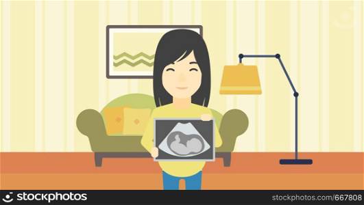 An asian pregnant woman standing with ultrasound image on the background of living room. Pregnant woman showing ultrasound photo. Vector flat design illustration. Horizontal layout.. Pregnant woman with ultrasound image.