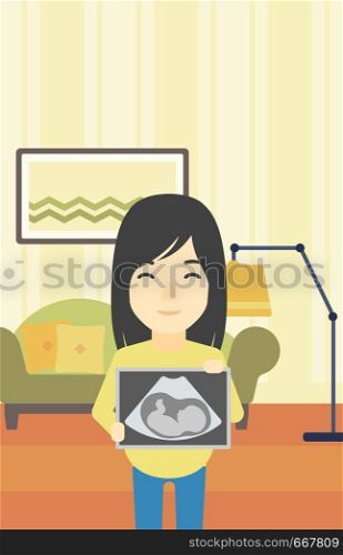 An asian pregnant woman standing with ultrasound image on the background of living room. Pregnant woman showing ultrasound photo. Vector flat design illustration. Vertical layout.. Pregnant woman with ultrasound image.