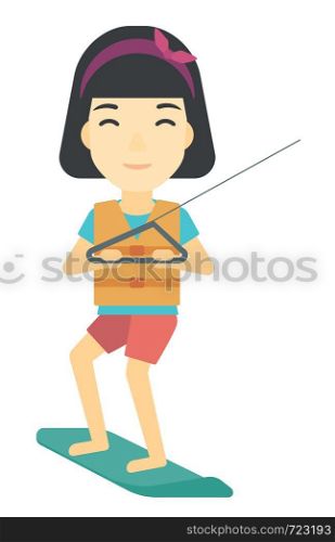 An asian professional wakeboard sportswoman vector flat design illustration isolated on white background.. Professional wakeboard sportswoman.