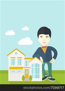 An asian real estate agent standing and offering the house vector flat design illustration. Vertical layout with a text space.. Real estate agent.