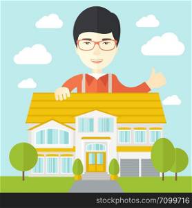 An asian real estate agent wearing glasses standing behind the house with thumbs up vector flat design illustration. Square layout.. Real estate agent.