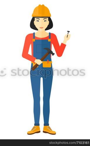 An asian repairer in helmet with a hummer and a nail in hands vector flat design illustration isolated on white background. . Cheerful repairer engineer.