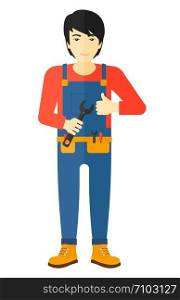 An asian repairman engineer with a spanner in hand showing thumb up sign vector flat design illustration isolated on white background. . Cheerful repairman with spanner.