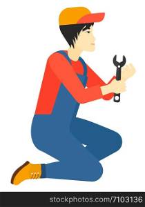 An asian repairman sitting with a spanner in hand vector flat design illustration isolated on white background. . Repairman holding spanner.