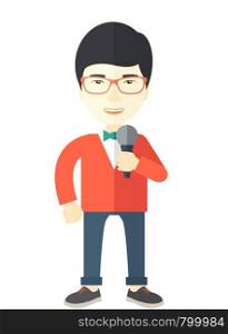 An asian reporter wearing red glasses speaking into a microphone vector flat design illustration isolated on white background. Vertical layout.. Reporter.