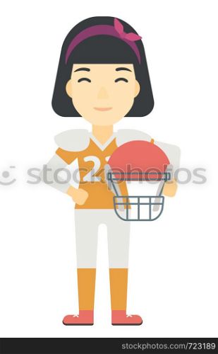An asian rugby player standing with ball and helmet in hands vector flat design illustration isolated on white background.. Rugby player with ball and helmet in hands.