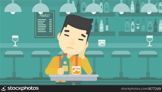An asian sad man sitting at the bar with glass of alcoholic beverage. Young man sitting alone at the bar and drinking alcohol. Vector flat design illustration. Horizontal layout.. Man drinking at the bar vector illustration.