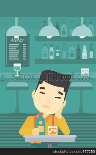 An asian sad man sitting at the bar with glass of alcoholic beverage. Young man sitting alone at the bar and drinking alcohol. Vector flat design illustration. Vertical layout.. Man drinking at the bar vector illustration.