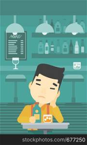 An asian sad man sitting at the bar with glass of alcoholic beverage. Young man sitting alone at the bar and drinking alcohol. Vector flat design illustration. Vertical layout.. Man drinking at the bar vector illustration.