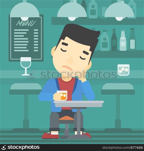 An asian sad man sitting at the bar with glass of alcoholic beverage. Young man sitting alone at the bar and drinking alcohol. Vector flat design illustration. Square layout.. Man drinking at the bar vector illustration.