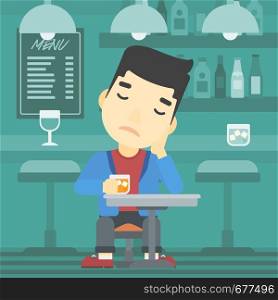 An asian sad man sitting at the bar with glass of alcoholic beverage. Young man sitting alone at the bar and drinking alcohol. Vector flat design illustration. Square layout.. Man drinking at the bar vector illustration.