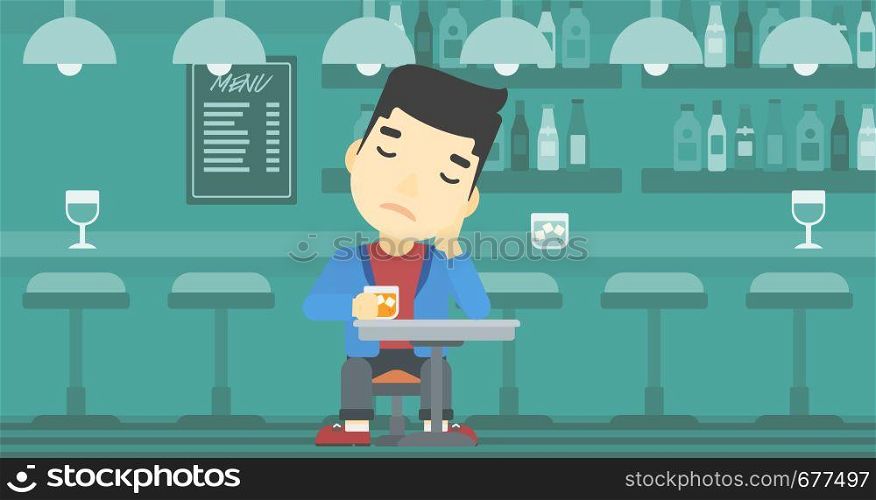 An asian sad man sitting at the bar with glass of alcoholic beverage. Young man sitting alone at the bar and drinking alcohol. Vector flat design illustration. Horizontal layout.. Man drinking at the bar vector illustration.