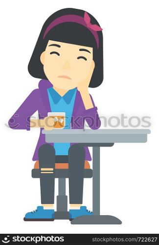 An asian sad woman sitting at bar with a glass of juice vector flat design illustration isolated on white background. . Woman sitting at bar.