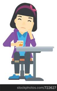 An asian sad woman sitting at bar with a glass of juice vector flat design illustration isolated on white background. . Woman sitting at bar.