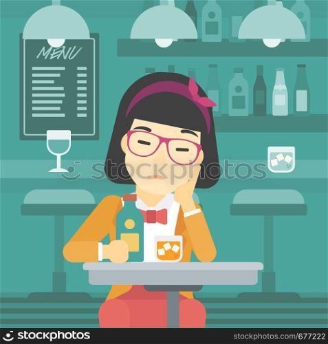 An asian sad woman sitting at the bar with glass of alcoholic beverage. Young woman sitting alone at the bar and drinking alcohol. Vector flat design illustration. Square layout.. Woman drinking at the bar vector illustration.