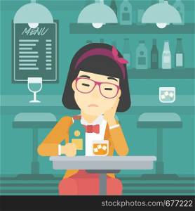 An asian sad woman sitting at the bar with glass of alcoholic beverage. Young woman sitting alone at the bar and drinking alcohol. Vector flat design illustration. Square layout.. Woman drinking at the bar vector illustration.