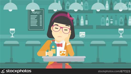 An asian sad woman sitting at the bar with glass of alcoholic beverage. Young woman sitting alone at the bar and drinking alcohol. Vector flat design illustration. Horizontal layout.. Woman drinking at the bar vector illustration.