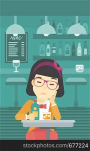 An asian sad woman sitting at the bar with glass of alcoholic beverage. Young woman sitting alone at the bar and drinking alcohol. Vector flat design illustration. Vertical layout.. Woman drinking at the bar vector illustration.