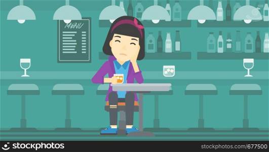 An asian sad woman sitting at the bar with glass of alcoholic beverage. Young woman sitting alone at the bar and drinking alcohol. Vector flat design illustration. Horizontal layout.. Woman drinking at the bar vector illustration.