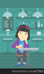 An asian sad woman sitting at the bar with glass of alcoholic beverage. Young woman sitting alone at the bar and drinking alcohol. Vector flat design illustration. Vertical layout.. Woman drinking at the bar vector illustration.