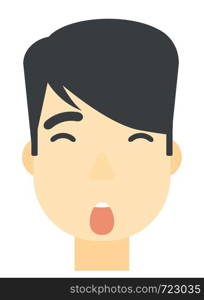An asian scared man with open mouth vector flat design illustration isolated on white background. Vertical layout.. Scared man with open mouth.