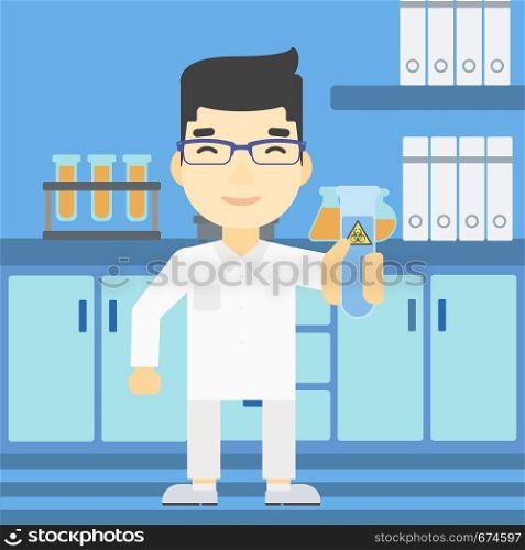 An asian scientist holding a test tube with biohazard sign. Scientist examining a test tube in a chemical laboratory. Vector flat design illustration. Square layout.. Scientist with test tube vector illustration.