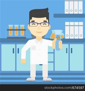 An asian scientist holding a test tube with biohazard sign. Scientist examining a test tube in a chemical laboratory. Vector flat design illustration. Square layout.. Scientist with test tube vector illustration.
