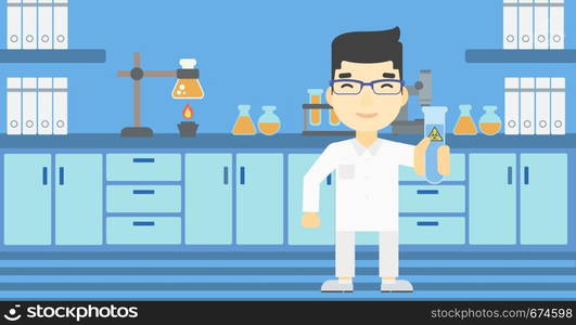 An asian scientist holding a test tube with biohazard sign. Scientist examining a test tube in a chemical laboratory. Vector flat design illustration. Horizontal layout.. Scientist with test tube vector illustration.