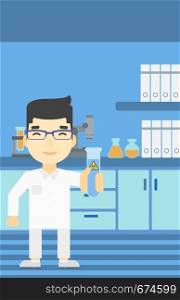 An asian scientist holding a test tube with biohazard sign. Scientist examining a test tube in a chemical laboratory. Vector flat design illustration. Vertical layout.. Scientist with test tube vector illustration.