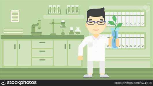 An asian scientist holding test tube with young plant. Scientist analyzing plant in test tube. Scientist holding test tube with sprout. Vector flat design illustration. Horizontal layout.. Scientist with test tube vector illustration.
