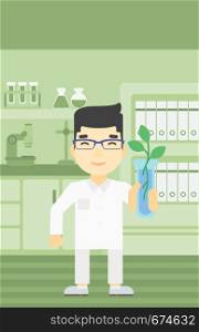 An asian scientist holding test tube with young plant. Scientist analyzing plant in test tube. Scientist holding test tube with sprout. Vector flat design illustration. Vertical layout.. Scientist with test tube vector illustration.