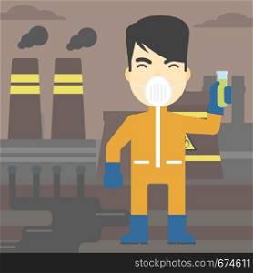 An asian scientist in radiation protective suit. Man holding a test-tube with some liquid on a background of nuclear power plant. Vector flat design illustration. Square layout.. Man in radiation protective suit with test tube.
