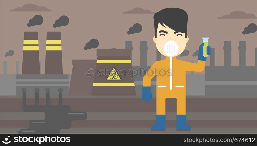 An asian scientist in radiation protective suit. Man holding a test-tube with some liquid on a background of nuclear power plant. Vector flat design illustration. Horizontal layout.. Man in radiation protective suit with test tube.