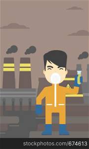 An asian scientist in radiation protective suit. Man holding a test-tube with some liquid on a background of nuclear power plant. Vector flat design illustration. Vertical layout.. Man in radiation protective suit with test tube.