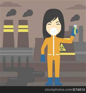 An asian scientist in radiation protective suit. Woman holding a test-tube with some liquid on a background of nuclear power plant. Vector flat design illustration. Square layout.. Woman in radiation protective suit with test tube.