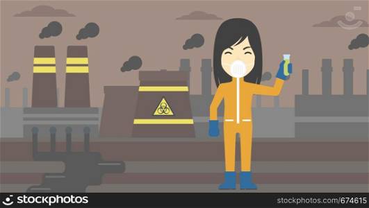 An asian scientist in radiation protective suit. Woman holding a test-tube with some liquid on a background of nuclear power plant. Vector flat design illustration. Horizontal layout.. Woman in radiation protective suit with test tube.