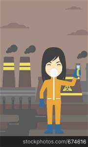 An asian scientist in radiation protective suit. Woman holding a test-tube with some liquid on a background of nuclear power plant. Vector flat design illustration. Vertical layout.. Woman in radiation protective suit with test tube.