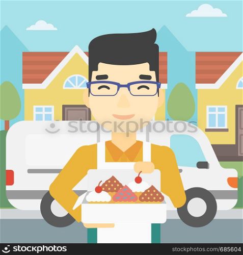 An asian smiling baker holding a box of cakes. Baker delivering cakes. A baker with cupcakes standing on the background of delivery truck. Vector flat design illustration. Square layout.. Baker delivering cakes vector illustration.